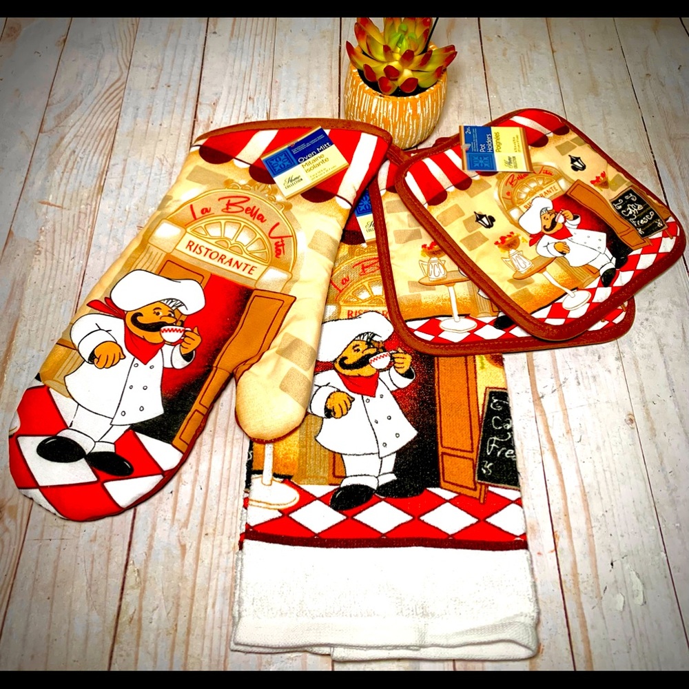 La Bella Chef Kitchen Towel, Glove, & Pot Holder 3 Piece Set NWT‎